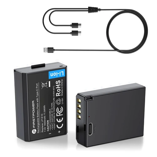 FirstPower LP-E10 1600mAh Battery, 2-Pack Replacement Battery with USB-C Fast Charging Port Compatible with Canon EOS Rebel T100, T7, T6, T5, T3, Kiss X50, Kiss X70, 1100D, 1200D, 1300D, 2000D, 4000D