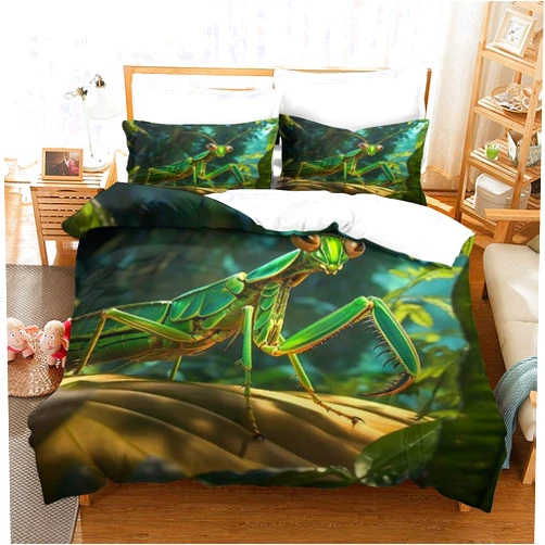 BUKISA Skin-Friendly Praying Mantis Bedding Set Cozy Quilt Cover 3D Printed Duvet Cover Luxe Insects Comforter Covers with Pillowcases Microfiber for Boys and Girls 3 Pieces Twin（173x218cm）