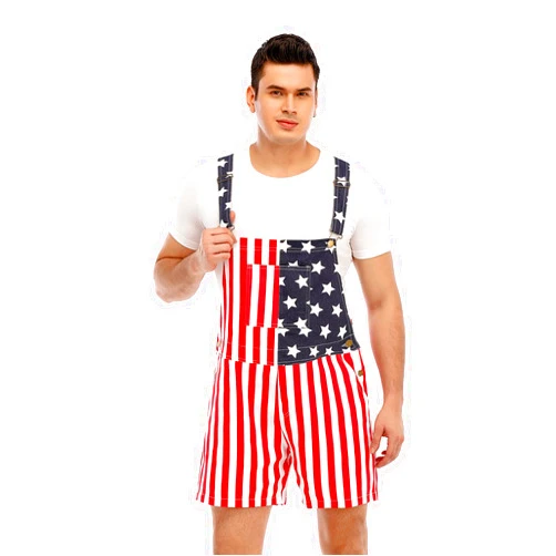 HEYSCRINT Mens Womens American Flag Denim Bib Overalls Shorts Casual Walkshort Jumpsuit Outfits with Pockets