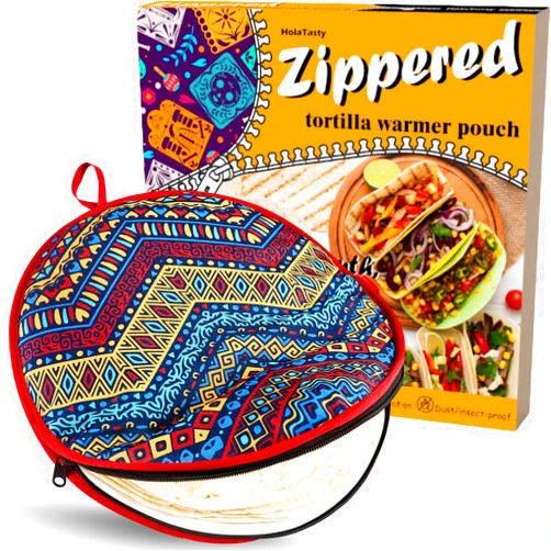 Woobud Zippered Tortilla Warmer Pouch - Fit 10’’ Burrito Size Tortillas, Upgraded Insulated Fabric - Semicircular Secure Zipper, Large Microwave Heater Portable Taco Holder for Picnic RV Lunch Trip, 12 inch