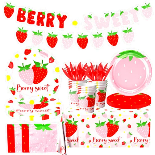 Dydamud Strawberry Party Decorations,Strawberry Theme Birthday Party Tableware Set A Berry Sweet Baby Plates Napkins Cups for Berry First Birthday Party Supplies,Strawberry Baby Shower