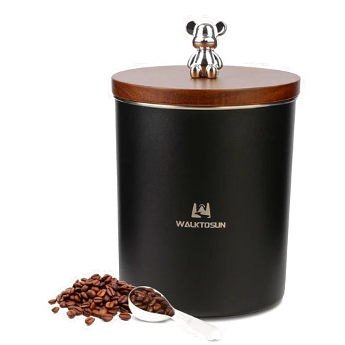 Walktosun Coffee Canisters Airtight Food Storage Container with Wooden Lid Seal Coffee Canisters Stainless Steel Jar with Scoop for Tea, Brown Sugar, Flour (1400ML,Black With Spoon)