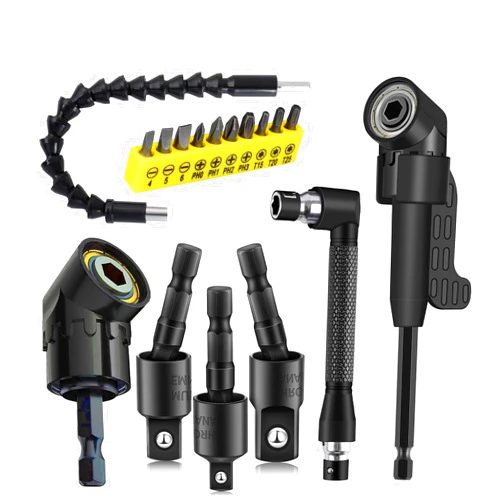 CIGOTU 17Pcs Flexible Drill Bit Extension, Include 3Pcs Rotatable Socket Adapter 2Pcs Hex Shank 105° Right Angle Drill Attachment 10 Short Screwdriver Bits 90° Angled Bits and Bendable Drill Bit Extension