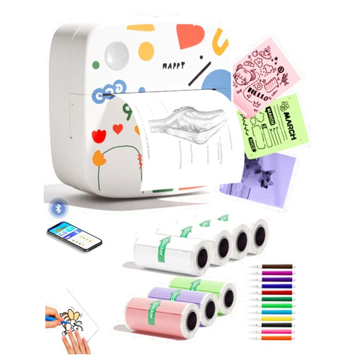 DOLEWA Sticker Printer Print Pod, Mini Portable Printers with 8 Rolls Paper, Inkless Sticker Maker Bluetooth Pocket Printer for Organization,DIY,Crafts,Journal,Study,Work,Label Compatible Phone&Tablet White