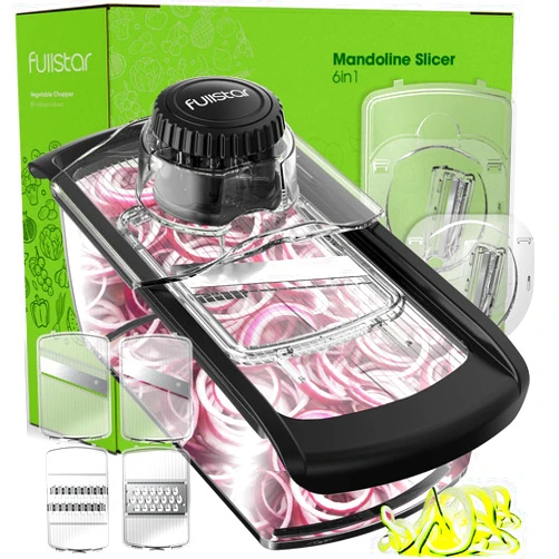 Fullstar Mandoline Slicer for Kitchen, Cheese Grater Vegetable Spiralizer and Veggie Slicer for Cooking & Meal Prep, Kitchen Gadgets Organizer & Safety Glove Included (6 in 1, Clear)