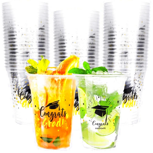 Whaline Graduation Cups Plastic 12oz Congrats Grad Disposable Cups Party Cups Black Gold Graduation Cap Clear Plastic Glasses for Coffee Juice Hot Cold Drinks Graduation Party Supplies,50Pcs