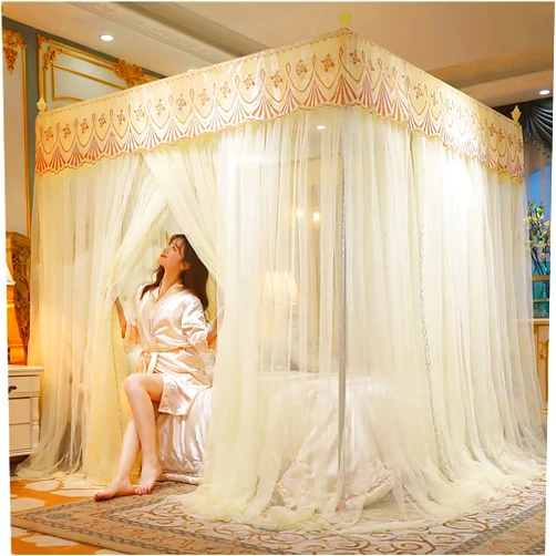 ＳＥＡＦＩＯＺ Bed Canopy Curtains for Princess Bedroom Decor, Large Folding Netting Bed Tent Portable Foldable Pop up Mosquito Nets, Fits Twin/Full/Queen/King Beds, 3 Door Design Yellow 200 * 220 * 200cm