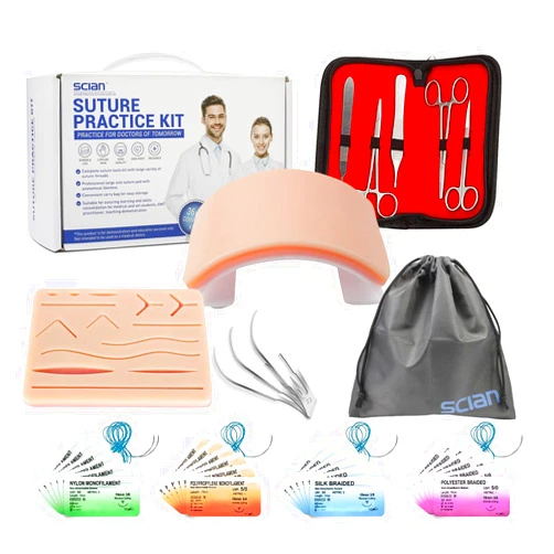 Scian Advanced Practice Kit for Medical Students (36 Pcs) Complete Suture Kit Includes Variety of Suture Threads, Unique Arch-Shaped Pad, Suture Pad with 14 Pre-Cut Wounds (Education Only)
