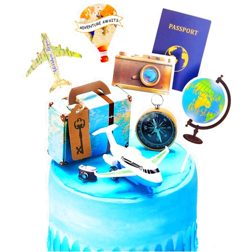 Dunzy 24 Pcs Travel Cake Topper Decorations Let The Adventure Begin Travel Theme Cupcake Toppers Mini Suitcase Airplane Cameras Miniature Compass for Birthday Baby Shower Travel Theme Party Decorations