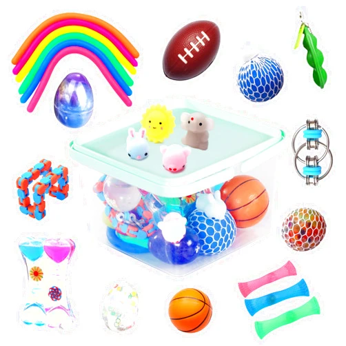 KINGYAO 24 Pack Bundle Sensory Fidget Toys Set-Liquid Motion Timer/Grape Ball/Mochi Squishy/Stretchy String/Flippy Chain/Easter Egg/Marble Mesh/Squeeze Bean/Cube for Autistic Kids ADHD Anti-stress Toy