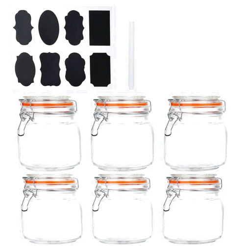 Encheng 25 oz Glass Jars With Airtight Lids And Leak Proof Rubber Gasket,Wide Mouth Mason Jars With Hinged Lids For Kitchen Canisters 750ml, Glass Storage Containers 6 Pack