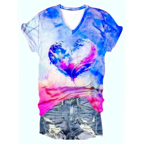 ZHUZHAO Tie Dye Shirt Women Short Sleeve Shirt V Neck T Shirts Casual Loose Fit Blouses X-Large Natural
