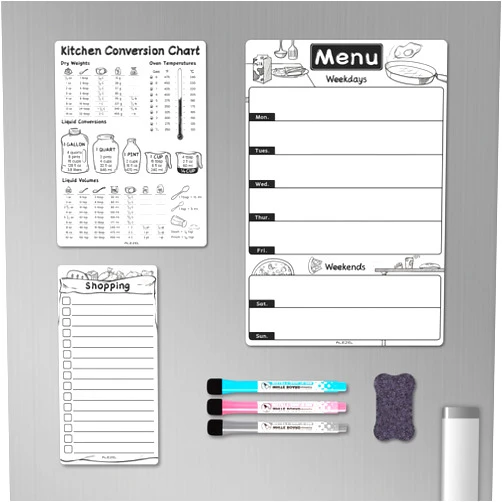 ALEZEL Dry Erase Menu Board for Fridge Magnetic, Weekly Meal Planner Whiteboard Set for Refrigerator - Menu White Board for Kitchen with Conversion Chart & List Board, 3 Markers + Eraser