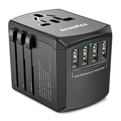 SCOOFEX Universal Travel Adapter, SCOOFEX International Plug Adapter with 4 USB Ports（2.4A）, AC Outlet Worldwide Wall Power Charger Converters for USA EU Europe UK AUS (Type C/G/A/I) Black-4USB