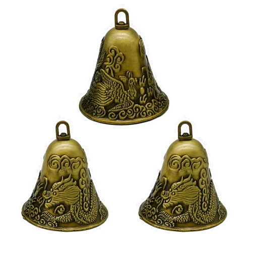 Pinenjoy 3Pcs Vintage Hanging Bell with Dragon and Phoenix Pattern Carved Bronze Feng Shui Jingle Bell 2.3x2.6inch Temple Wind Chime Bell for Home Garden Wedding Door Pet Decoration