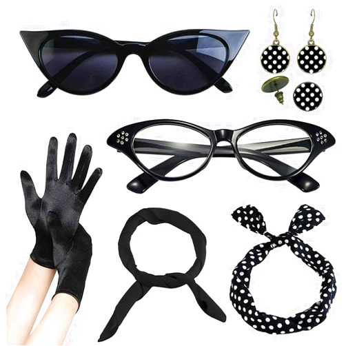 Sanderala 1950's Womens Costume Accessories Set Polka Dot Hair Accessories Earrings Chiffon Scarf Gloves Cat Eye Glasses