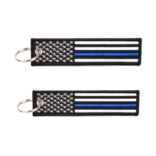 Great 1 Thin Blue Line American Flag Keychain Tag with Key Ring & Carabiner 2-Pack - Police & Law Enforcement