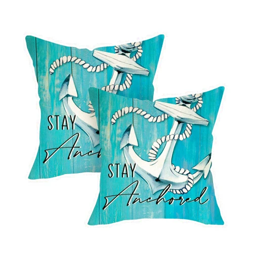 Fjfz Nautical Anchor Blue Decorative Throw Pillow Covers 18 x 18 Set of 2, Coastal Stay Anchored Navigation Voyage Porch Outdoor Home Decor, Beach Farmhouse Sea Ocean Cruise Lover Couch Cushion Case
