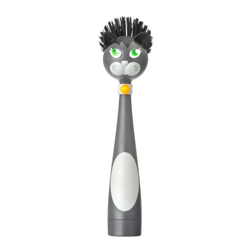 Vigar Felix Cat-Shaped Soap Dispensing Dish Brush, Dish Brush with Soap Dispenser for Pot Scrubber, Dishes, Sink, and Kitchen Essentials, Black, Gray