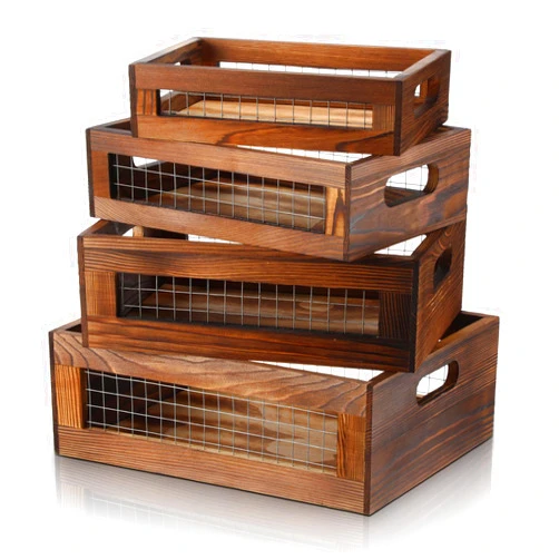 FillTouch 4 Pcs Wooden Nesting Countertop Baskets Set 4 Size Wooden Storage Box with Handles and Metal Wire Multipurpose Wood Organizer Crate for Fruit Vegetable Kitchen Cabinet Bathroom(Walnut)