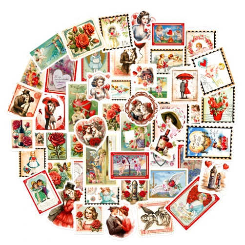 FaCraft 50 Pcs Valentine's Day Stickers-Vintage Love Stickers Valentine Stickers for Kid Adults Scrapbook Gift Tags Romantic Waterproof Stickers for Laptop Water Bottles Envelopes Seal Boxes Cards