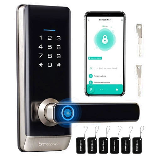 TMEZON Smart Door Lock, TMEZON Keyless Entry Door Lock Fingerprint Door Lock with Keypad Digital Door Lock with Handle for Home, Rental, Office and Hotel TUYA Remote Control