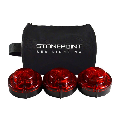 StonePoint LED Lighting Emergency LED Road Flare Kit Set of 3 LED Bright Roadside Beacons with Magnetic Base Flashing or Steady Red Lights Includes Storage Bag