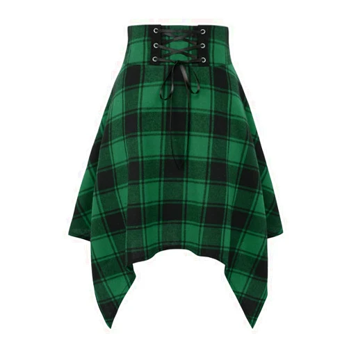 IDEALSANXUN Plaid Mini Skirt for Women High Waisted A Line Asymmetrical Lace Up Short Goth Skirt