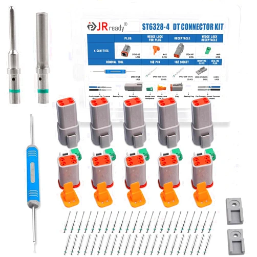 JRready ST6328-4 Pin Way Deutsch DT Series Connector 5 Kit,14-20 AWG Waterproof Electrical Wire Connector, Removal Tool DRK-RT1B, DT04-4P DT04-4S DT Connector Kit (4 Pin Way)