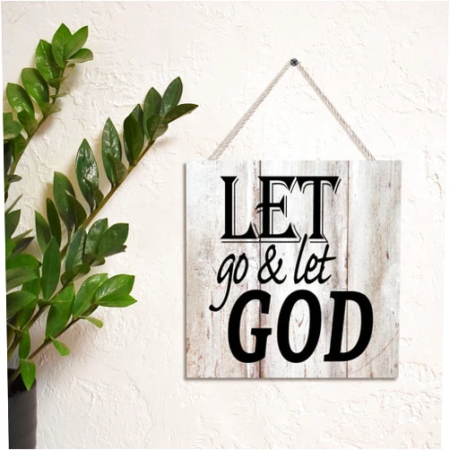 Vrurinss Wooden Printed Sign with Saying Let Go & Let GOD Decoration Wall Art Hanging Sign Positive Word Garden Signs for Home Kitchen Table Wall Decor Women Gift 12x12 Inch