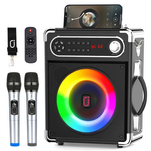 JYX Karaoke Machine with Two Wireless Microphones, Portable Bluetooth Speaker with Bass/Treble Adjustment, PA System with Remote Control, LED Lights,Supports TF Card/USB, AUX IN, FM, REC,TWS for Party