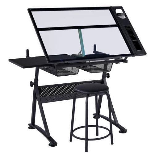 Yaheetech Drafting Table w/Stool Height Adjustable Multifunctional Art Craft Artists Desk Tilting Glass Tabletop Diamond Paintings Work Station w/2 Storage Drawers for Home Office