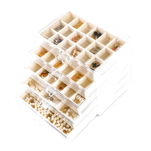 Frebeauty Acrylic Jewelry Organizer Earring Organizer Box with 5 Drawers Earring Holder Organizer with Velvet Trays Clear Jewelry Box for Women Earring Display for Rings Studs(Beige)