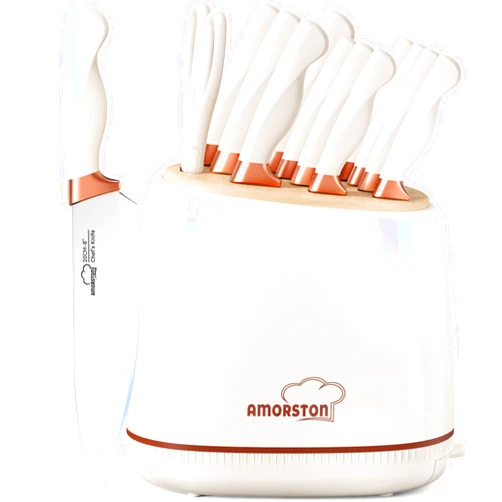Amorston Knife Set, 14 Pcs Kitchen Knives Block Set for Mirror Blade Design, German Stainless Steel Knife Sets with Sharpening Stone, Dishwasher Safe Perfect Holiday Gifts for Kitchen, White