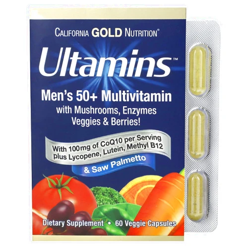 California Gold Nutrition Ultamins Men's 50+ Multivitamin with CoQ10, Mushrooms, Enzymes, Veggies & Berries, 60 Veggie Capsules