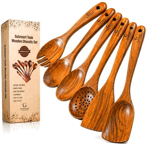 GulzMart 6 PCS Teak Wooden Cooking Utensils Set – Nonstick Safe, Heat Resistant Natural Wood Kitchen Tools – Durable Spatula & Spoon Set for Cooking, Serving & Gift