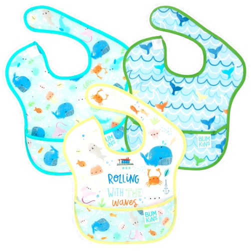 Bumkins Bibs for Girl or Boy, SuperBib Baby and Toddler 6-24 Months, Essential Must Have for Eating, Feeding, Baby Led Weaning Supplies, Mess Saving Catch Food, Waterproof Fabric 3-pk Blue Ocean Life