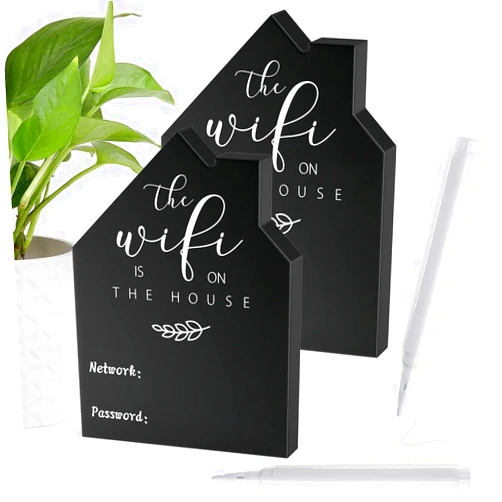 CANIPHA 2Pcs Wifi Password Sign for Home Wooden Table Wifi Sign Wooden Freestanding Chalkboard Style House Shape with Board Erasable Pen for Home Business Centerpieces,Guest Room Tabletop Decor(5