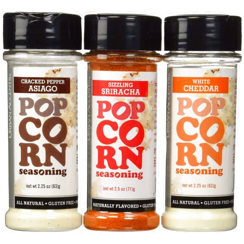 Urban Accents Gluten Free Premium Popcorn Seasoning Variety Pack - Cracked Pepper Asiago, Sizzling Sriracha, White Cheddar