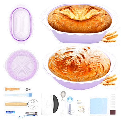 KHKJROS Sourdough Proofing Basket,9.5 Inch Round & 10.5 Inch Oval Foldable Bread Proofing Basket (Purple)
