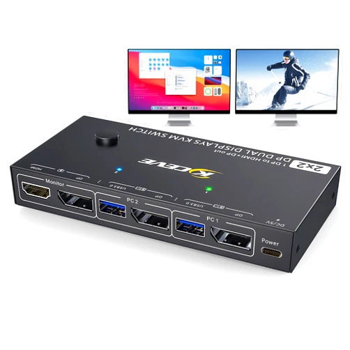 Camgeet MST Displayport KVM Switch 2 Monitors 2 Computers 4K@144Hz,(1 DP in,DP+HDMI Out),Camgeet Dual Monitor KVM Switch Displayport 1.4 with 4 USB 3.0 Port for USB Device,Wired Remote and 4 Cables Included