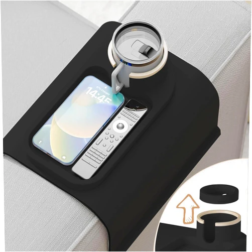 SemiShare Couch Cup Holder Tray for 8 inch Sofa Arm,Silicone Couch Drink Holder-Flexible Couch Caddy for Phone, Snacks, and Remotes - Anti-Spill & Anti-Slip Couch Arm Table - Black