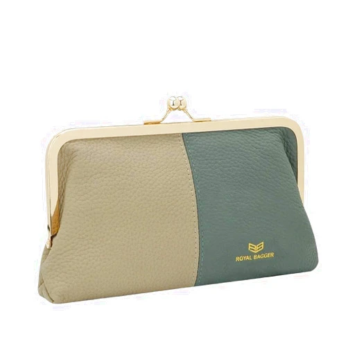 ROYAL BAGGER RFID Contrast Clutch Purses for Women, Leather Evening Bag with Kiss Lock, Multi Layer Mobile Phone Wallet (Grey Green)