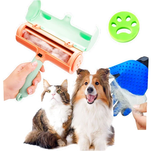 Anrosa Roller Pet Hair Remover and Reusable Dog Cat Line Roller for Clothes,Couch,Bedding, Furniture,Carpets Cleaning, Reusable Dog Hair Remover Tool for Laundry with Cat Grooming Brush Glove
