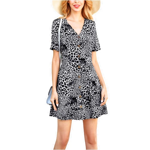 Yoonsoe Women's Summer Casual Short Sleeves Floral Dress V Neck Button Down Short Mini Dress