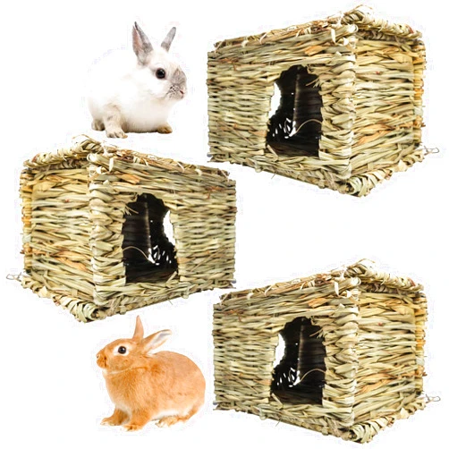 Hamiledyi 3PCS Grass House for Rabbit, Edible Bunny Hut Natural Grass Woven Foldable Pet Play Hideaway Hay Mat Chew Toys for Guinea Pig Hamster Chinchilla, Safe Cozy Sleep 11.8x7.87x7.87 inches