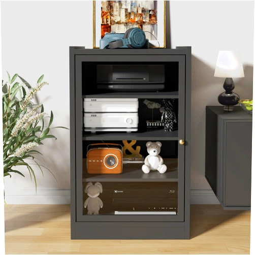 LEVNARY Media Cabinet with Door, Black 5-Tier Stereo Cabinet with Adjustable Shelves, AV Media Storage Shelf with Cable Management, Audio-Video Rack Stand for Living, Gaming, Recording Room (Black)