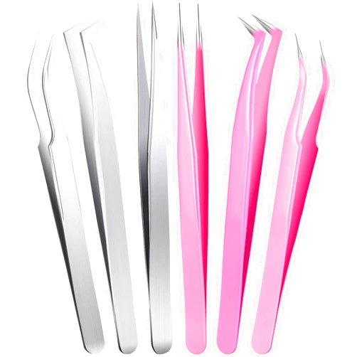 Honoson 6 Pieces Eyelash Extension Tweezers Lash Tweezers Set Stainless Steel Straight and Curved Tip Tweezers Precision Eyebrow Tweezers Nippers for Eyebrow Hair (Silver, Pink)