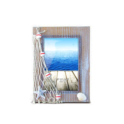 Puzzled CoTa Global Brown Beach 4x6 Picture Frame - Whitewashed Distressed Wooden Frame with Beachy Decor, Handmade Beach Theme Photo Frame as Nautical Decor For Home, Family Photo Frames For Wall - 7.75 Inch