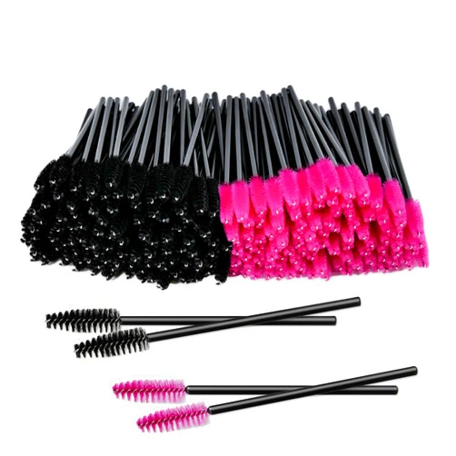 GLUEPIA 200 PCS Disposable Mascara Wands Eyelash Brush for Eye Lash Extension, Eyebrow and Makeup (200 PCS_Black, Hot Pink)